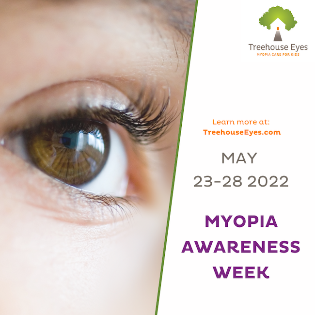 close-up of eye with the text "May 23-28 2022 Myopia Awareness Week"