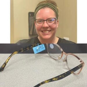 Image of Kate Spade Glasses on a person, and then a close-up of the frames